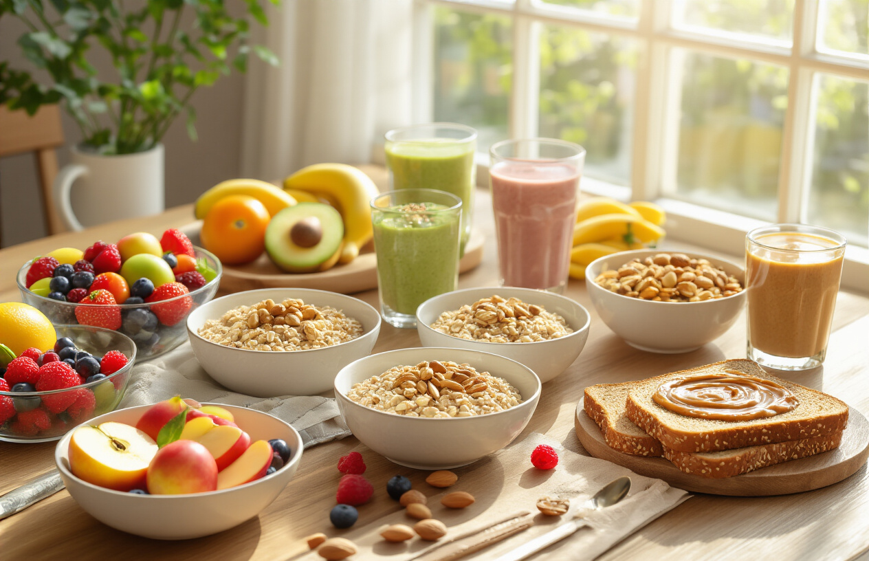 Create a realistic image of a beautifully arranged breakfast table featuring multiple Daniel Fast compliant dishes including fresh fruit bowls with berries and sliced apples, whole grain oatmeal topped with nuts and seeds, vegetable smoothies in clear glasses, and whole wheat toast with natural nut butter, all artistically displayed on a clean wooden table with natural morning sunlight streaming through a window, creating a warm and inviting atmosphere that conveys completion and satisfaction of a healthy morning meal routine, with soft shadows and bright natural lighting highlighting the vibrant colors of the fresh ingredients. Absolutely NO text should be in the scene.