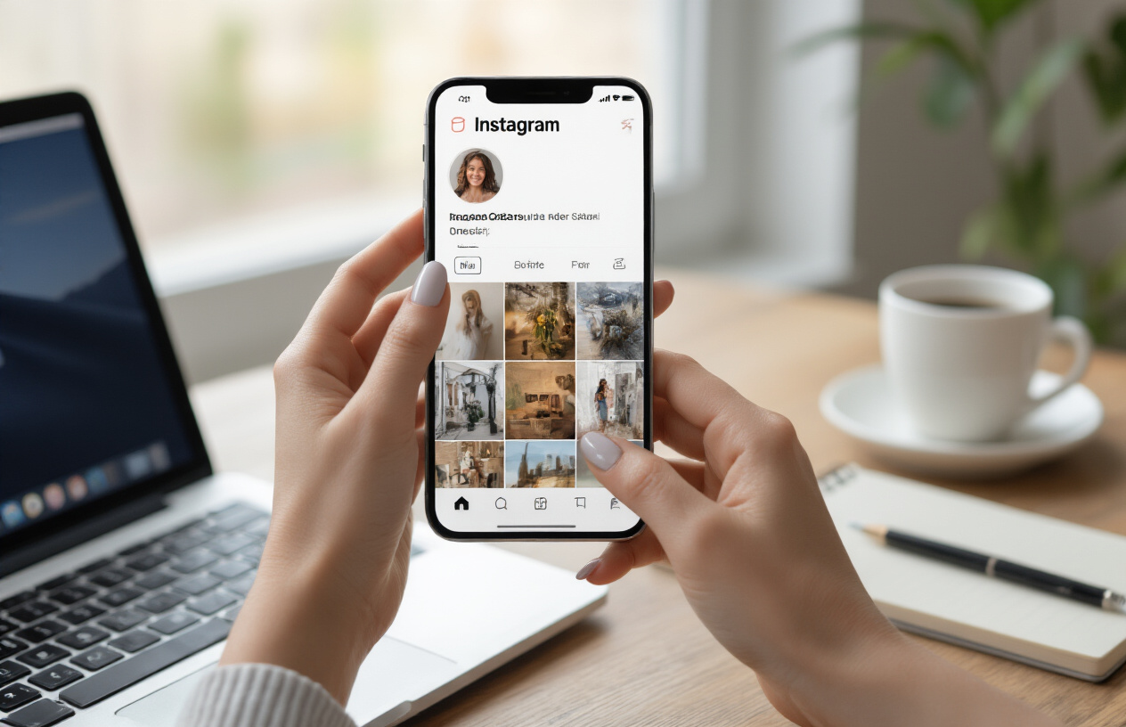 Create a realistic image of a smartphone screen displaying an Instagram profile interface with a clean, well-organized layout featuring a professional profile picture, bio section, and grid of posts, held by hands with manicured nails against a modern workspace background with a laptop, coffee cup, and notebook, soft natural lighting from a window, conveying a professional business optimization atmosphere, absolutely NO text should be in the scene.