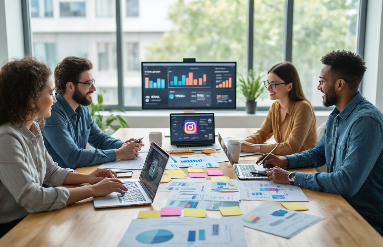 Create a realistic image of a diverse group of professionals working collaboratively around a modern conference table with laptops, smartphones displaying Instagram interface mockups, sticky notes with content ideas, a content calendar spread out, marketing charts and engagement metrics visible on screens, in a bright contemporary office setting with natural lighting from large windows, showing an active brainstorming session for social media strategy development, absolutely NO text should be in the scene.