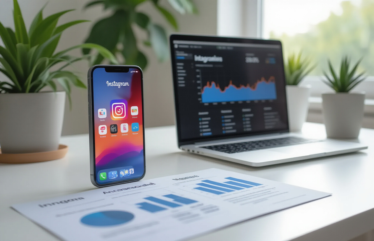 Create a realistic image of a modern smartphone displaying the Instagram app interface with various feature icons visible on the screen, placed on a clean white desk alongside a laptop computer showing Instagram analytics dashboard, with professional marketing materials like charts and graphs scattered around, bright natural lighting from a window, clean minimalist office environment with plants in the background, conveying a productive business atmosphere focused on social media marketing growth, absolutely NO text should be in the scene.