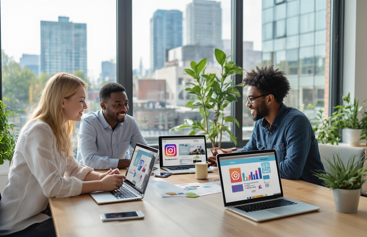 Create a realistic image of a diverse group of people including a white female marketer, a black male entrepreneur, and an Asian female business owner gathered around a modern conference table with laptops and smartphones displaying Instagram interface mockups, engaged in animated discussion about social media strategy, with large windows showing a bright cityscape in the background, professional office environment with plants and modern furniture, natural daylight creating an energetic and collaborative atmosphere, absolutely NO text should be in the scene.