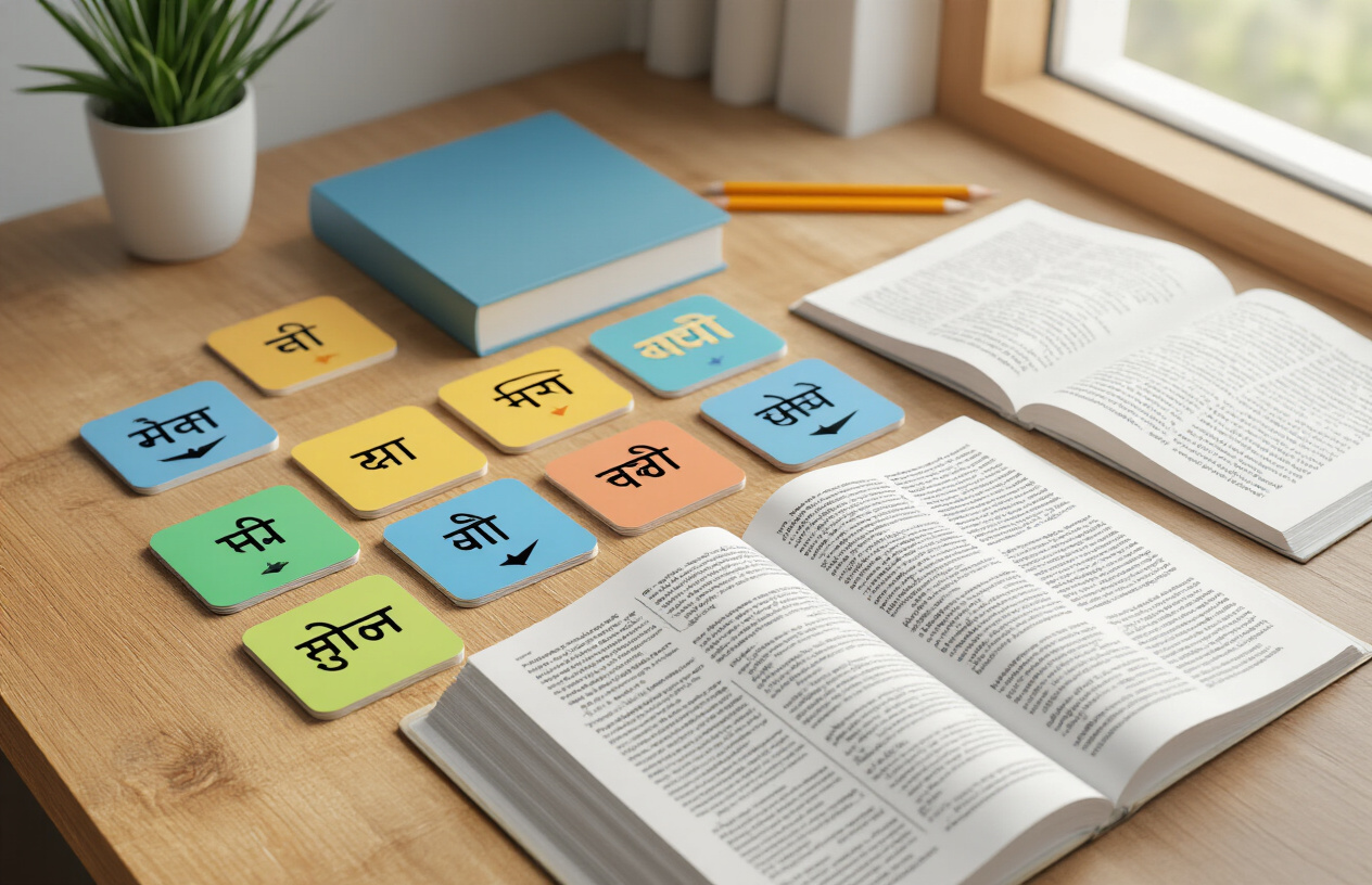 Create a realistic image of a clean, organized study scene showing Hindi grammar concepts with colorful word cards or flashcards displaying different pronouns like "मैं", "तू", "यह", "वह" arranged on a wooden desk, with some cards showing arrows pointing to replace nouns, accompanied by an open Hindi grammar textbook, a pencil, and soft natural lighting from a window, creating an educational and focused learning atmosphere. Absolutely NO text should be in the scene.