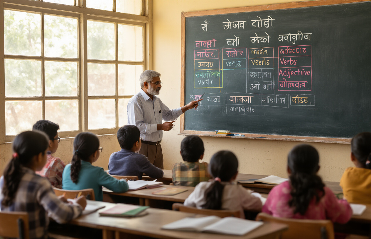 Create a realistic image of an Indian classroom setting with a middle-aged Indian male teacher standing at a blackboard pointing to colorful Hindi grammar charts displaying different parts of speech categories like nouns, verbs, and adjectives with example words in Devanagari script, while diverse Indian students of various ages sit at wooden desks with open Hindi grammar textbooks and notebooks, practicing exercises with pencils in hand, warm natural lighting streaming through windows creating an educational and focused learning atmosphere, absolutely NO text should be in the scene.