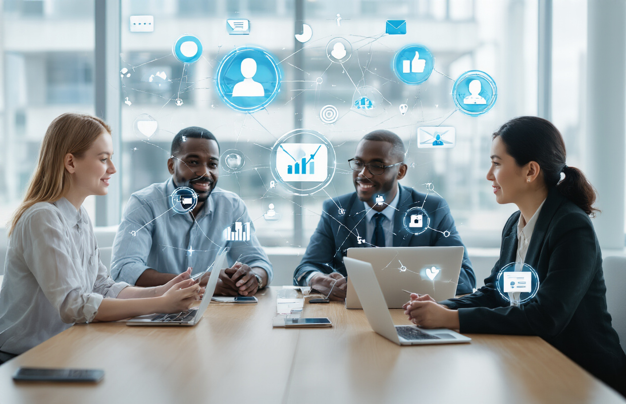 Create a realistic image of a diverse group of people including a young white female, a middle-aged black male, and an Asian female sitting around a modern conference table with laptops and smartphones, with floating digital network icons, connection lines, and social media platform symbols hovering above them in a bright, contemporary office space with large windows and soft natural lighting. Absolutely NO text should be in the scene.