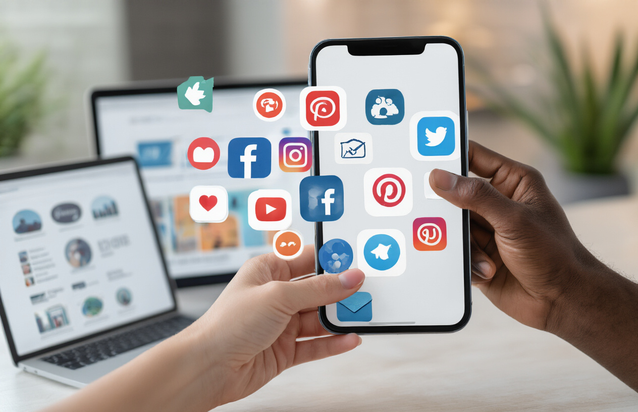 Create a realistic image of multiple popular social media platform icons and logos displayed on a modern smartphone screen held by diverse hands including a white female hand and a black male hand, with additional devices like tablets and laptops in the background showing various social networking interfaces, set in a contemporary office environment with soft natural lighting, professional atmosphere conveying connectivity and digital communication, absolutely NO text should be in the scene.