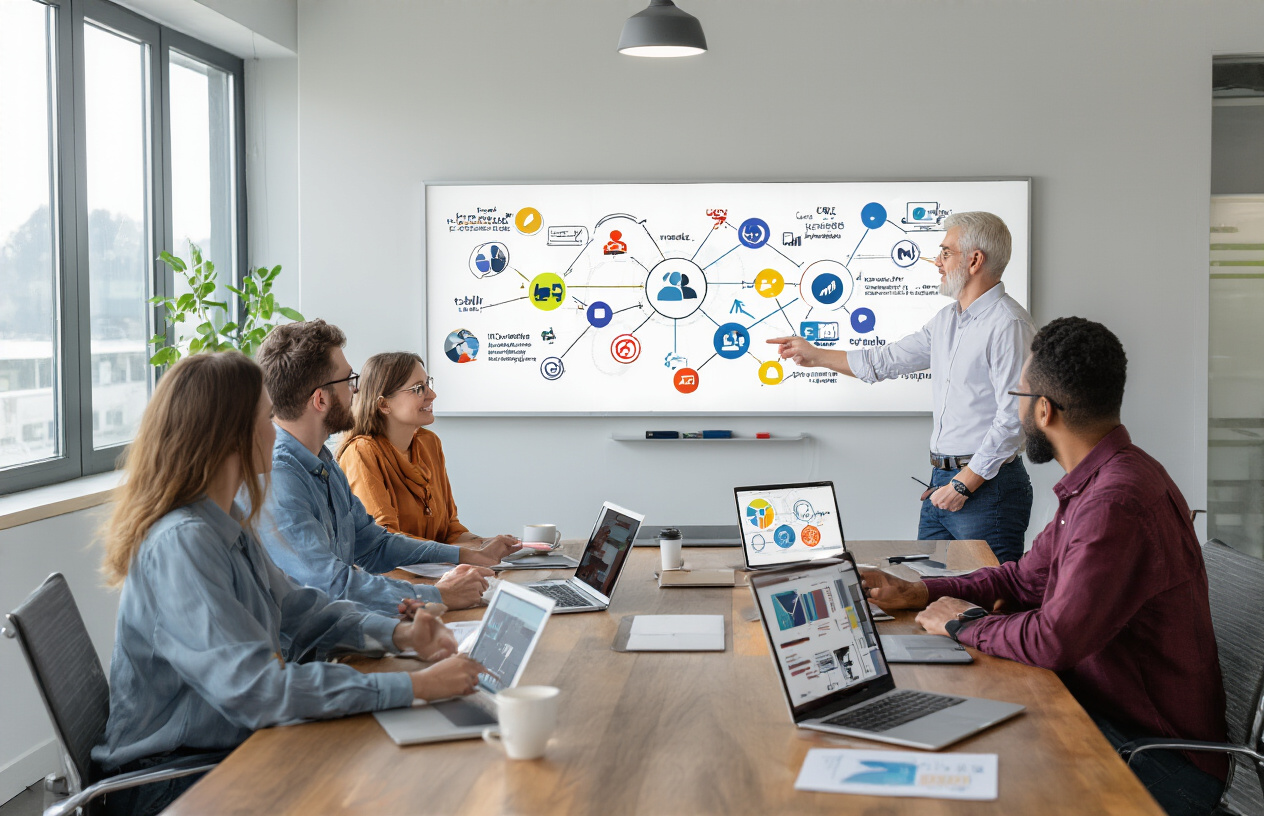 Create a realistic image of a diverse group of professionals sitting around a modern conference table with laptops and tablets open, displaying colorful social media interface mockups and networking diagrams, with a white male marketing manager pointing to a large wall-mounted whiteboard showing interconnected circles and arrows representing social media strategy flow, in a bright contemporary office space with natural lighting from large windows, conveying a collaborative and strategic planning atmosphere, absolutely NO text should be in the scene.