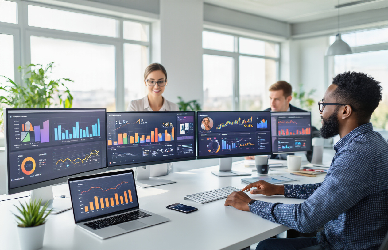 Create a realistic image of a modern office workspace with analytics dashboards displayed on multiple computer monitors showing social media metrics, graphs, and charts with upward trending arrows, a diverse group including a white female and black male marketing professionals analyzing data while pointing at colorful bar charts and engagement statistics on screens, smartphone and tablet devices on a clean white desk displaying social media app interfaces, bright natural lighting from large windows, professional and focused atmosphere with a sense of achievement and success. Absolutely NO text should be in the scene.