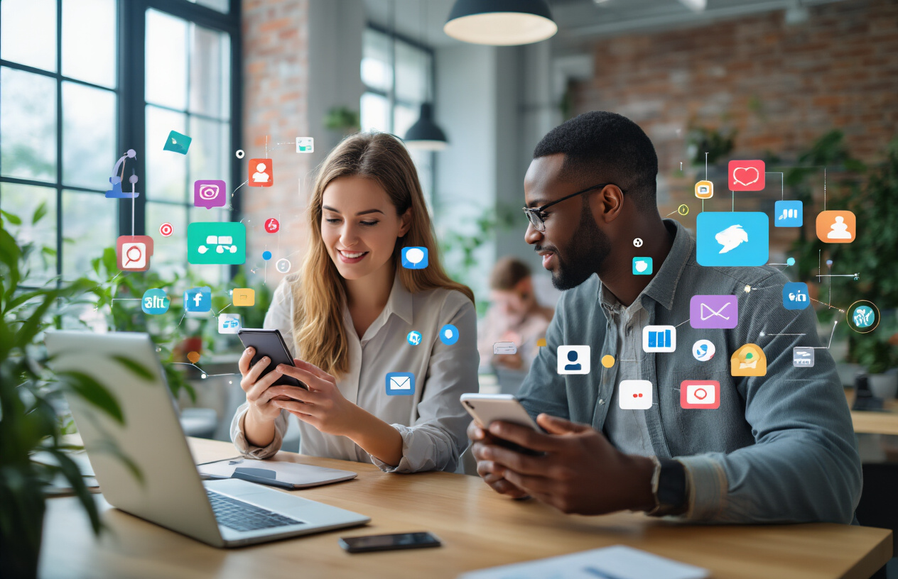 Create a realistic image of diverse professionals using smartphones and laptops in a modern office environment, showing a white female and black male engaging with social media platforms on their devices, with colorful social media interface elements and connection icons floating around them, bright natural lighting from large windows, contemporary workspace with plants and collaborative atmosphere, people appearing focused and connected while networking digitally, Absolutely NO text should be in the scene.