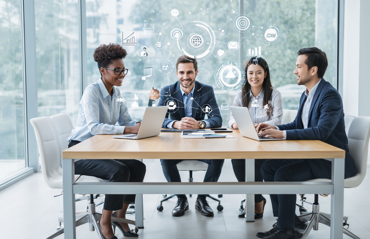 Create a realistic image of a diverse group of business professionals including a black female, white male, and Asian female sitting around a modern conference table with laptops and smartphones, showing digital connection icons and network graphics floating above their devices, in a bright contemporary office setting with large windows, conveying collaboration and digital connectivity for business growth, absolutely NO text should be in the scene.