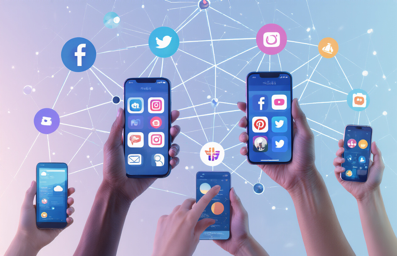 Create a realistic image of diverse hands holding smartphones displaying various social media app icons, connected by glowing digital network lines forming a web pattern in the background, with soft blue and purple lighting creating a modern technological atmosphere, showing the interconnected nature of social media networking, absolutely NO text should be in the scene.
