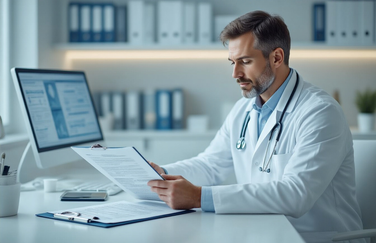 Create a realistic image of a clean, modern medical office setting with a white male doctor in a white coat sitting at a desk reviewing official medical documents and treatment protocols, with a clipboard containing structured guidelines visible on the desk, medical reference books in the background, professional lighting illuminating the workspace, sterile white and blue color scheme, stethoscope draped around the doctor's neck, computer monitor displaying medical charts, organized filing cabinets along the wall, and a calm, professional atmosphere suggesting clinical expertise and standardized medical procedures, absolutely NO text should be in the scene.