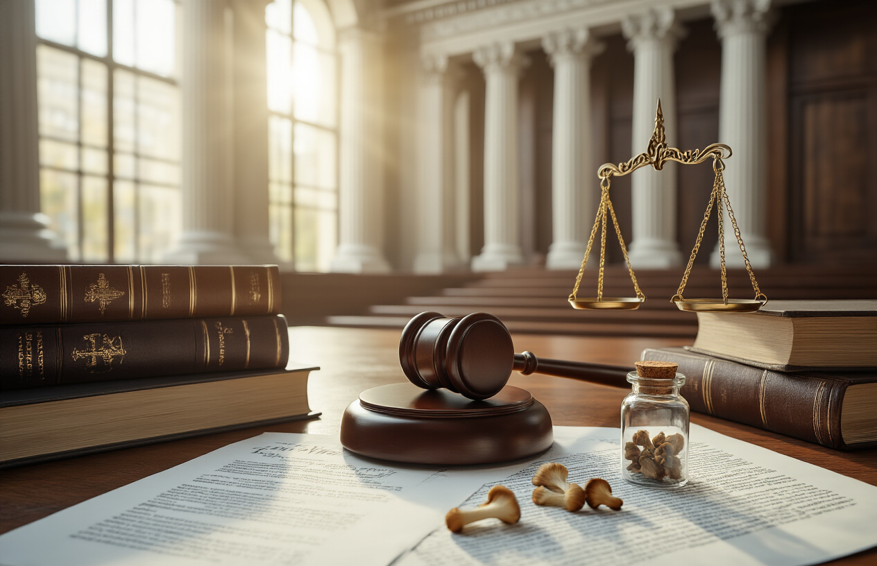 Create a realistic image of a modern government building or courthouse with classical columns in the background, a wooden judge's gavel resting on legal documents spread across a dark wooden desk, a small glass vial containing dried mushrooms placed nearby, scattered law books with visible spines, a balance scale symbol subtly visible, warm natural lighting streaming through tall windows creating professional shadows, conveying a serious legal and regulatory atmosphere, Absolutely NO text should be in the scene.