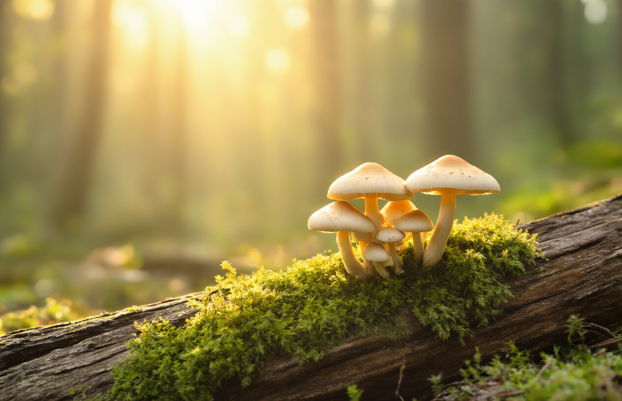 Create a realistic image of a serene therapeutic environment with psilocybin mushrooms naturally growing on a moss-covered log in the foreground, soft golden sunlight filtering through a peaceful forest setting, with a subtle background blur suggesting hope and healing, warm natural lighting creating a calm and optimistic atmosphere that conveys breakthrough in mental health treatment, absolutely NO text should be in the scene.