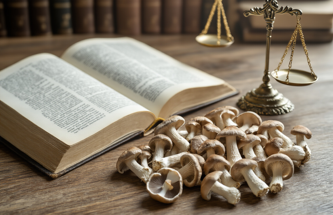 Create a realistic image of dried psilocybin mushrooms scattered on a wooden surface next to an open law book with legal scales of justice in the background, soft natural lighting illuminating the scene, creating an educational and informative mood about the intersection of mushrooms and legal matters, with a neutral indoor setting that conveys study and research, absolutely NO text should be in the scene.