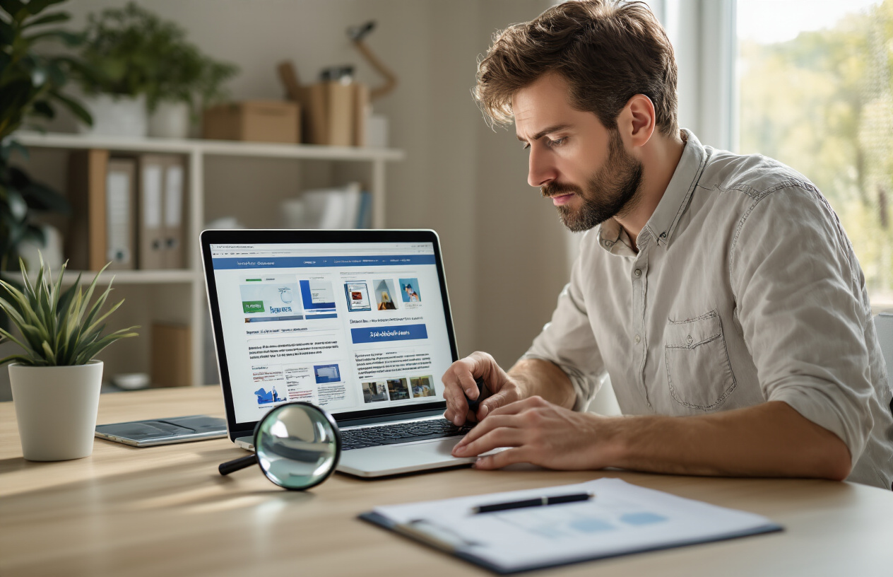 Create a realistic image of a white male in his 30s sitting at a modern desk with a laptop computer open, carefully examining multiple websites on the screen showing professional online vendor pages, with a magnifying glass nearby on the desk, clean organized workspace with a notepad and pen, warm natural lighting from a window, focused and contemplative mood suggesting research and comparison shopping, indoor home office setting with neutral colors, absolutely NO text should be in the scene.