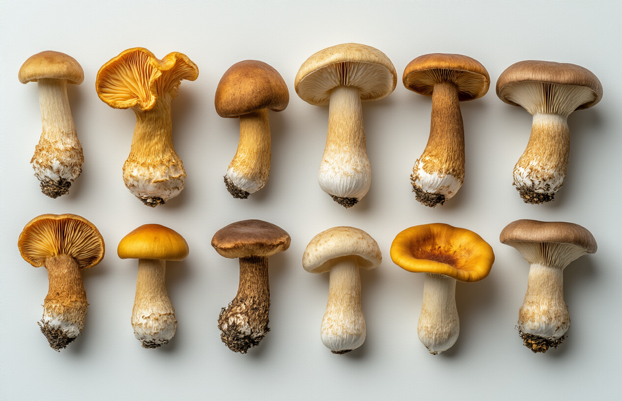Create a realistic image of various dried magic mushrooms arranged on a clean white surface, showcasing different species and sizes from small delicate caps to larger specimens, with subtle natural lighting casting soft shadows, each variety displaying distinct characteristics like different cap colors ranging from golden brown to darker browns, some with visible stems, arranged in an organized display that demonstrates the range of potency levels through visual differences in mushroom sizes and maturity stages, shot from above in a clinical yet natural style with soft ambient lighting, absolutely NO text should be in the scene.