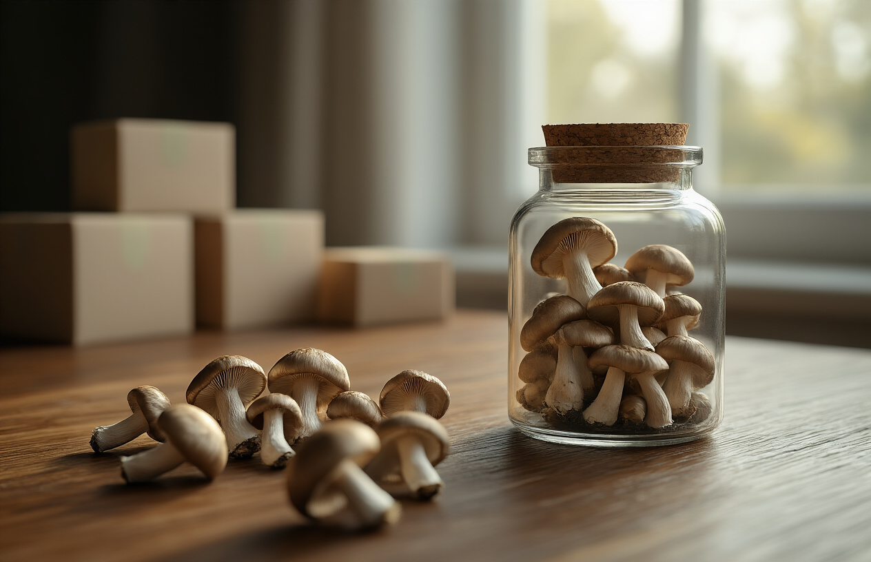 Create a realistic image of an elegant wooden table surface with scattered dried psilocybin mushrooms, a sophisticated glass jar containing more mushrooms with a cork lid, subtle package boxes in the background suggesting discreet delivery, soft natural lighting from a window casting gentle shadows, creating a clean and professional atmosphere that conveys quality and reliability, with European-style interior elements visible in the blurred background, absolutely NO text should be in the scene.