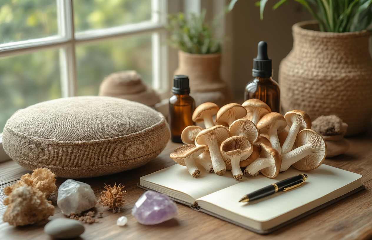 Create a realistic image of dried psilocybin mushrooms artfully arranged on a wooden surface alongside natural wellness items including a meditation cushion, essential oil bottles, crystals, and a journal with a pen, set in a serene indoor environment with soft natural lighting from a window, creating a peaceful and mindful atmosphere that suggests preparation for a transformative experience, with warm earth tones and organic textures throughout the scene, absolutely NO text should be in the scene.
