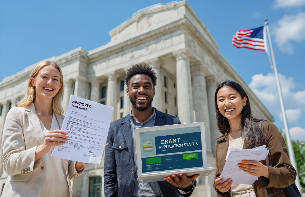 Create a realistic image of a diverse group of people celebrating success outside a modern government building, including a white female holding approved loan documents, a black male with a laptop showing grant application status, and an Asian female with financial paperwork, all smiling with expressions of relief and achievement, with the American flag visible in the background, bright daylight with clear blue sky creating an optimistic and hopeful atmosphere, absolutely NO text should be in the scene.