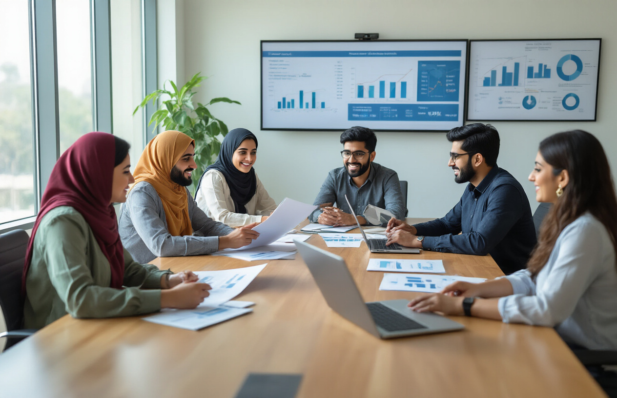 Create a realistic image of a diverse group of young Pakistani adults sitting around a modern conference table in a bright, professional office setting, with some holding documents and laptops while discussing loan benefits, featuring both male and female participants of South Asian ethnicity, with soft natural lighting from large windows, charts and financial graphs visible on a wall-mounted screen in the background, conveying a positive and collaborative atmosphere of financial planning and opportunity, absolutely NO text should be in the scene.