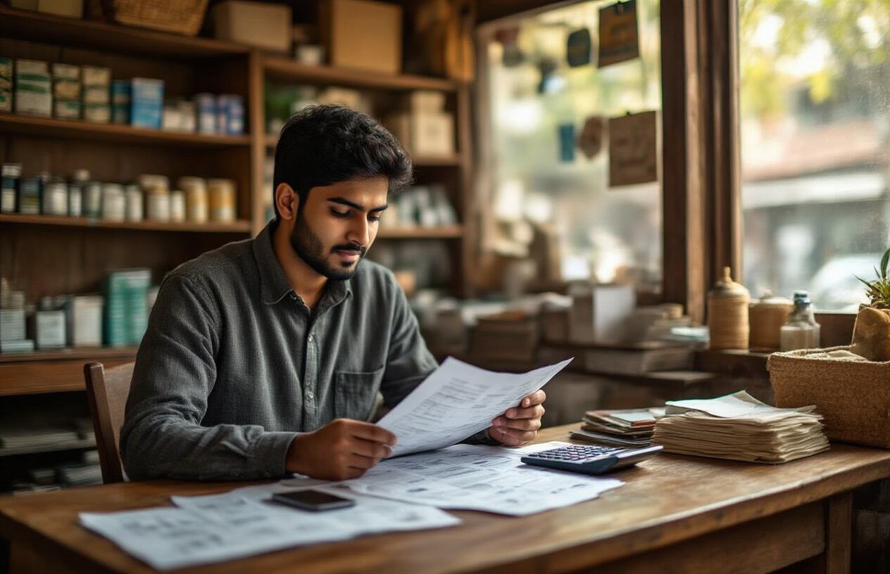 Create a realistic image of a young South Asian male entrepreneur sitting at a wooden desk in a small shop or office, reviewing financial documents and loan papers, with a calculator and smartphone nearby, shelves with products visible in the background, warm natural lighting from a window, conveying hope and determination for business growth, absolutely NO text should be in the scene.