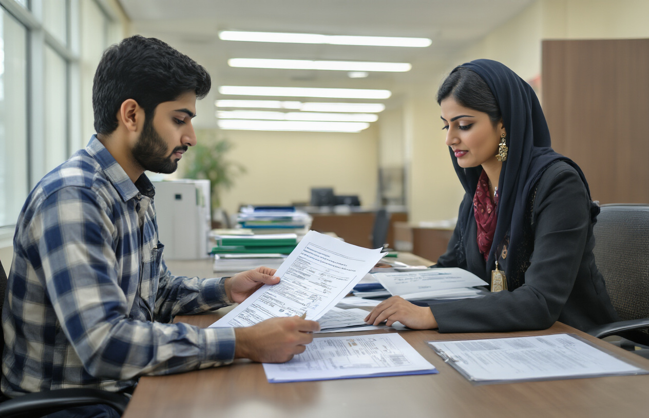 Create a realistic image of a modern Pakistani government office setting with a young South Asian male applicant sitting at a desk reviewing loan application documents and eligibility forms, with a professional South Asian female loan officer explaining requirements across the desk, official government certificates and ID cards visible on the desk surface, clean fluorescent lighting illuminating the professional indoor environment, conveying a helpful and formal administrative atmosphere, absolutely NO text should be in the scene.