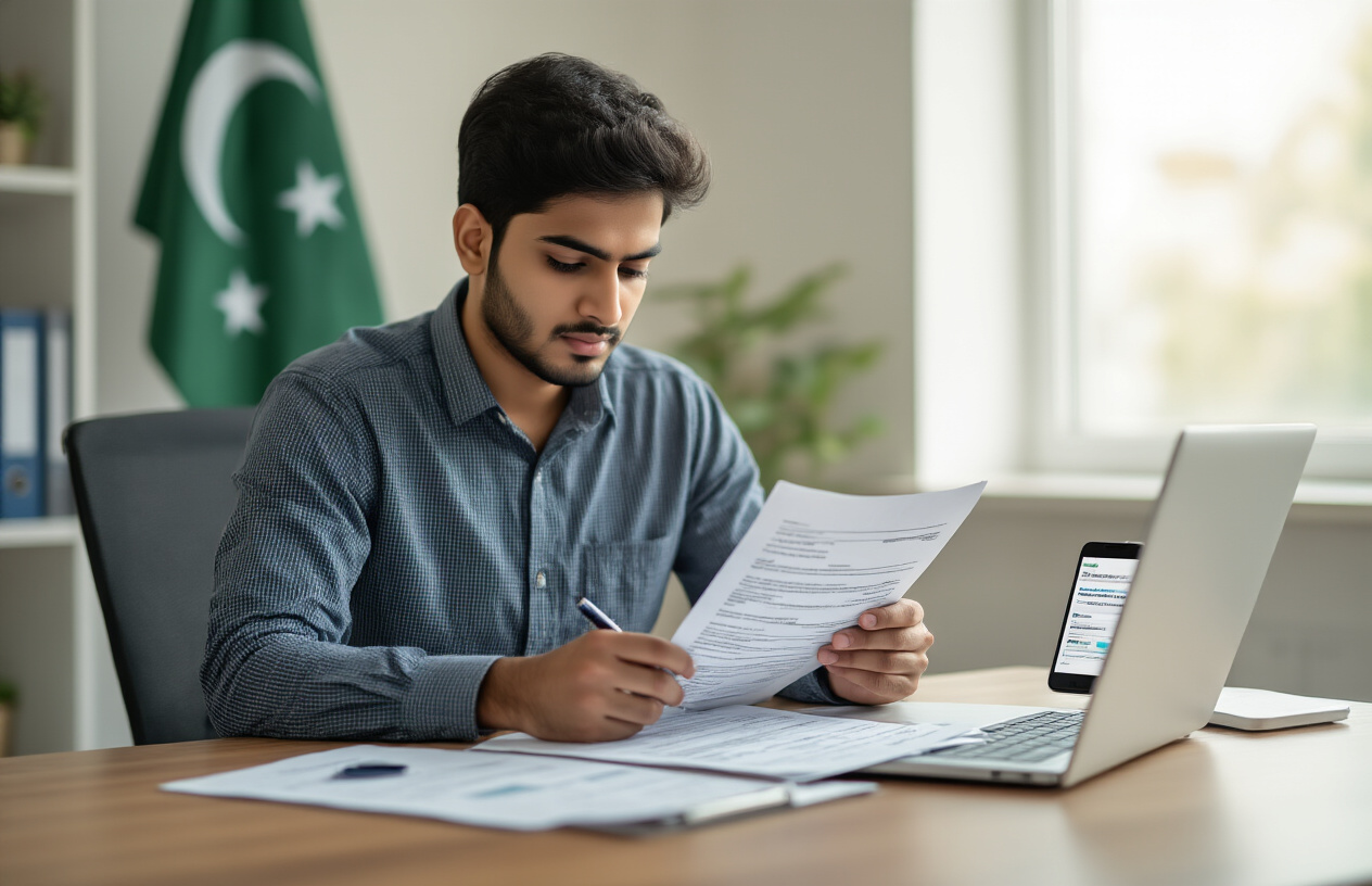 Create a realistic image of a young South Asian male sitting at a modern desk with a laptop computer, carefully reviewing official loan application documents spread across the desk, with a smartphone displaying a government application form nearby, soft natural lighting from a window creating a focused and determined atmosphere, clean office environment with a Pakistani flag subtly visible in the background, the person wearing casual business attire and taking notes with a pen, conveying a sense of methodical progress through an important application process, absolutely NO text should be in the scene.