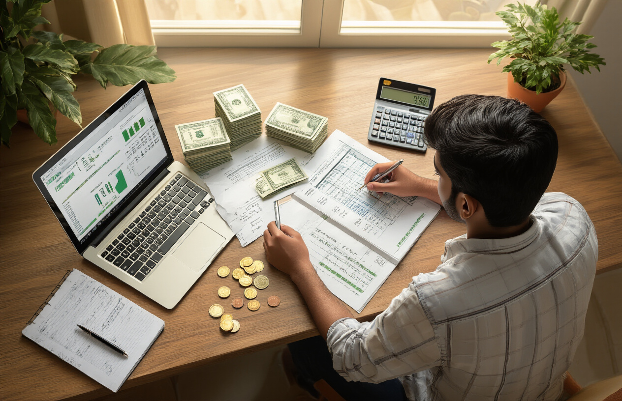 Create a realistic image of a young South Asian male sitting at a wooden desk with financial documents, calculator, and laptop open showing budget spreadsheets, with Pakistani rupee notes and coins organized in neat stacks, a notebook with handwritten payment schedules, and a pen in hand, set in a well-lit home office environment with warm natural lighting from a window, conveying focus and financial planning preparation, absolutely NO text should be in the scene.