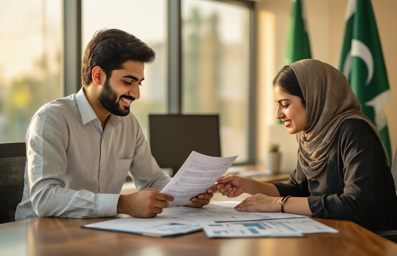 Create a realistic image of a young Pakistani man and woman sitting at a modern bank office desk, reviewing loan documents and financial papers with a professional banker, warm lighting from large windows, hopeful and determined expressions, modern office setting with Pakistani flag visible in background, handshake gesture suggesting successful loan approval, clean professional atmosphere conveying financial empowerment and opportunity, absolutely NO text should be in the scene.