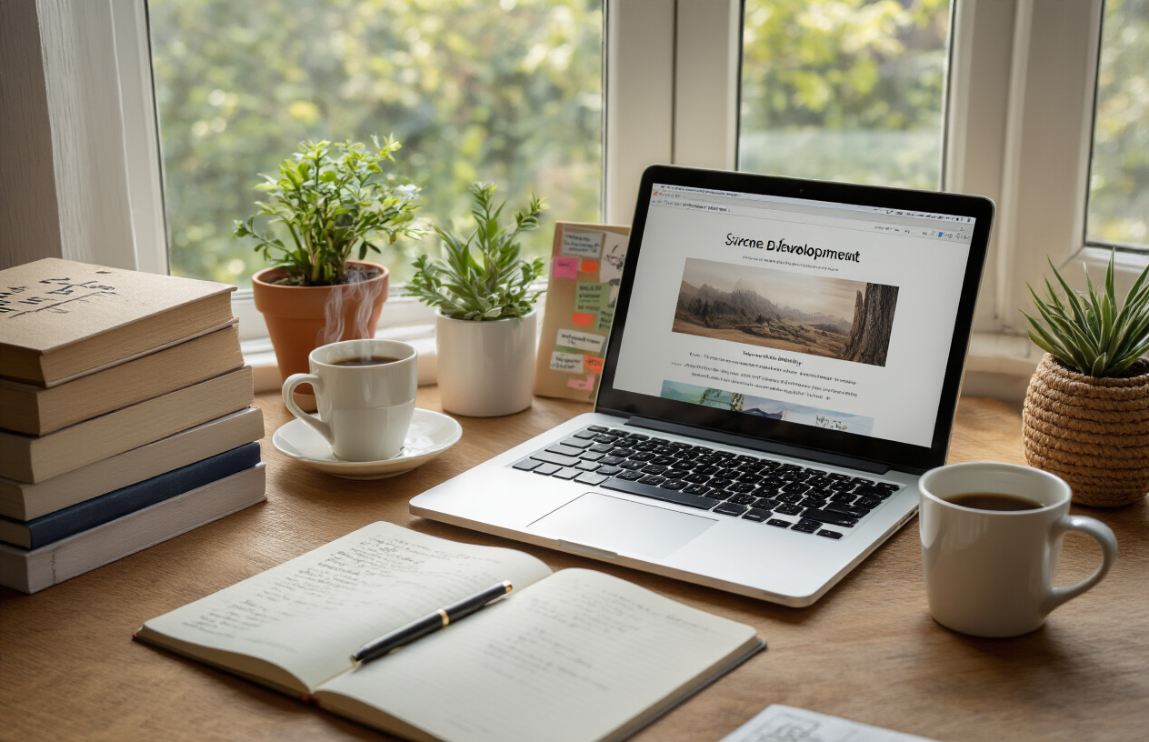 Create a realistic image of a serene workspace scene featuring an open laptop displaying a clean blog homepage, surrounded by personal development books stacked neatly, a steaming coffee cup, a journal with a pen resting on top, small potted plants, and inspirational elements like a small vision board or motivational quotes on sticky notes, all arranged on a wooden desk near a bright window with natural lighting creating a warm, uplifting atmosphere that conveys growth and learning, absolutely NO text should be in the scene.