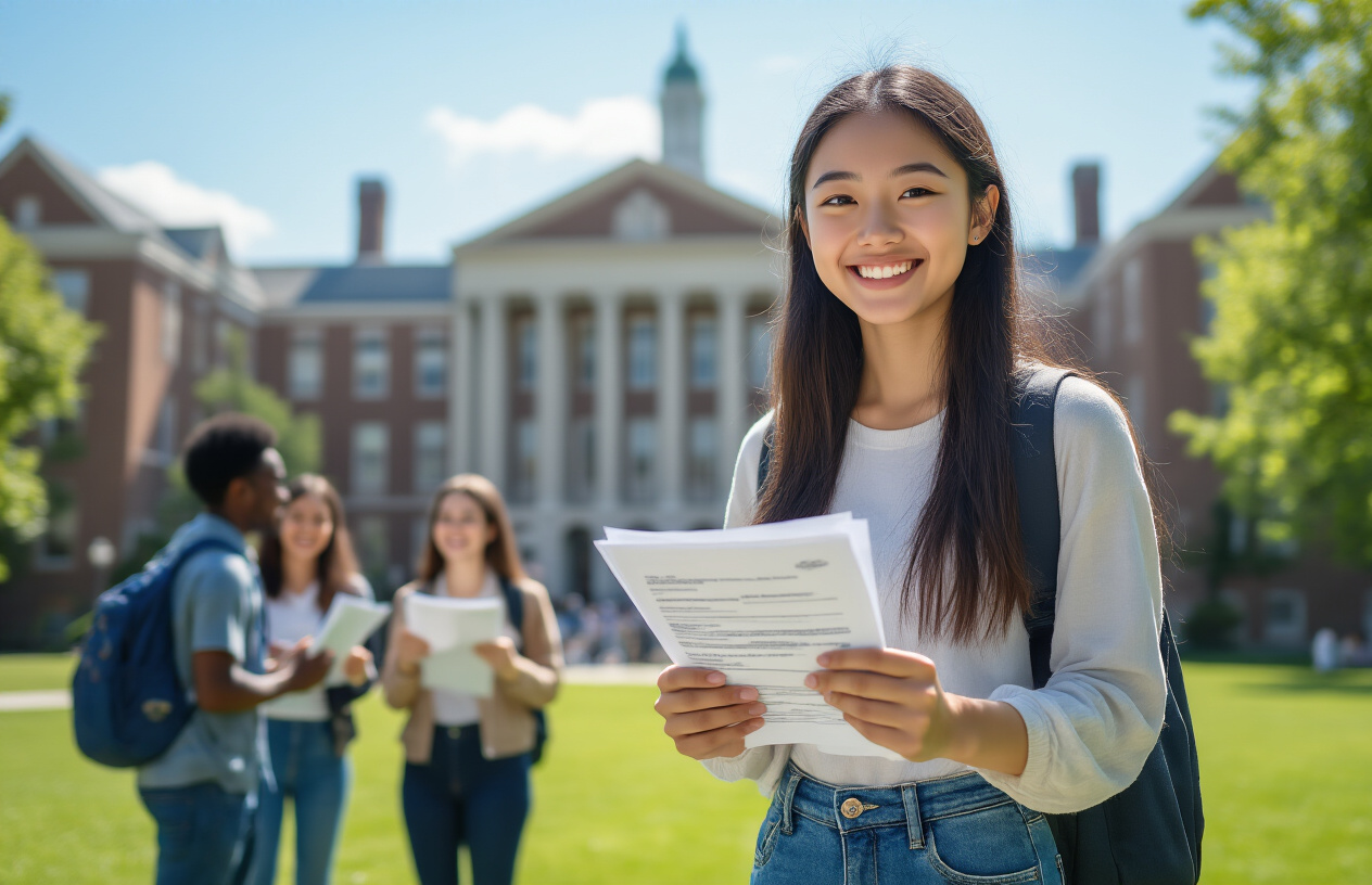 Create a realistic image of a diverse group of international students celebrating their successful loan approval outside a modern American university building, with a young Asian female student in the foreground holding official documents while smiling confidently, surrounded by other happy students of various ethnicities including a Black male and white female, with the iconic university campus architecture in the background under bright daylight, creating an atmosphere of achievement and new beginnings, with green lawns and trees framing the scene, absolutely NO text should be in the scene.