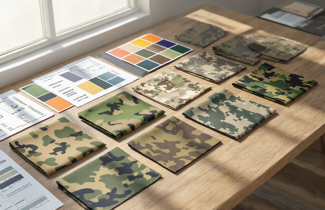 Create a realistic image of various military camouflage fabric swatches and color samples arranged on a wooden table, showing different patterns like woodland, desert, digital, and urban camouflage in earth tones of olive green, tan, brown, and gray, with natural lighting from a window casting soft shadows, surrounded by color theory charts and military field guides, creating a professional research atmosphere that demonstrates the scientific foundation of camouflage color selection, absolutely NO text should be in the scene.