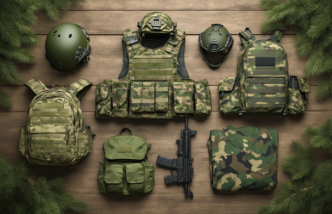 Create a realistic image of various military tactical gear items laid out on a wooden surface, featuring predominantly green camouflage patterns including woodland, forest green, and olive drab colors, with items such as combat vests, tactical backpacks, military helmets, and camouflage uniforms displaying different shades of green camouflage, surrounded by natural forest elements like pine branches and leaves to demonstrate the effectiveness of green military colors in woodland environments, with soft natural lighting highlighting the texture and patterns of the gear, absolutely NO text should be in the scene.