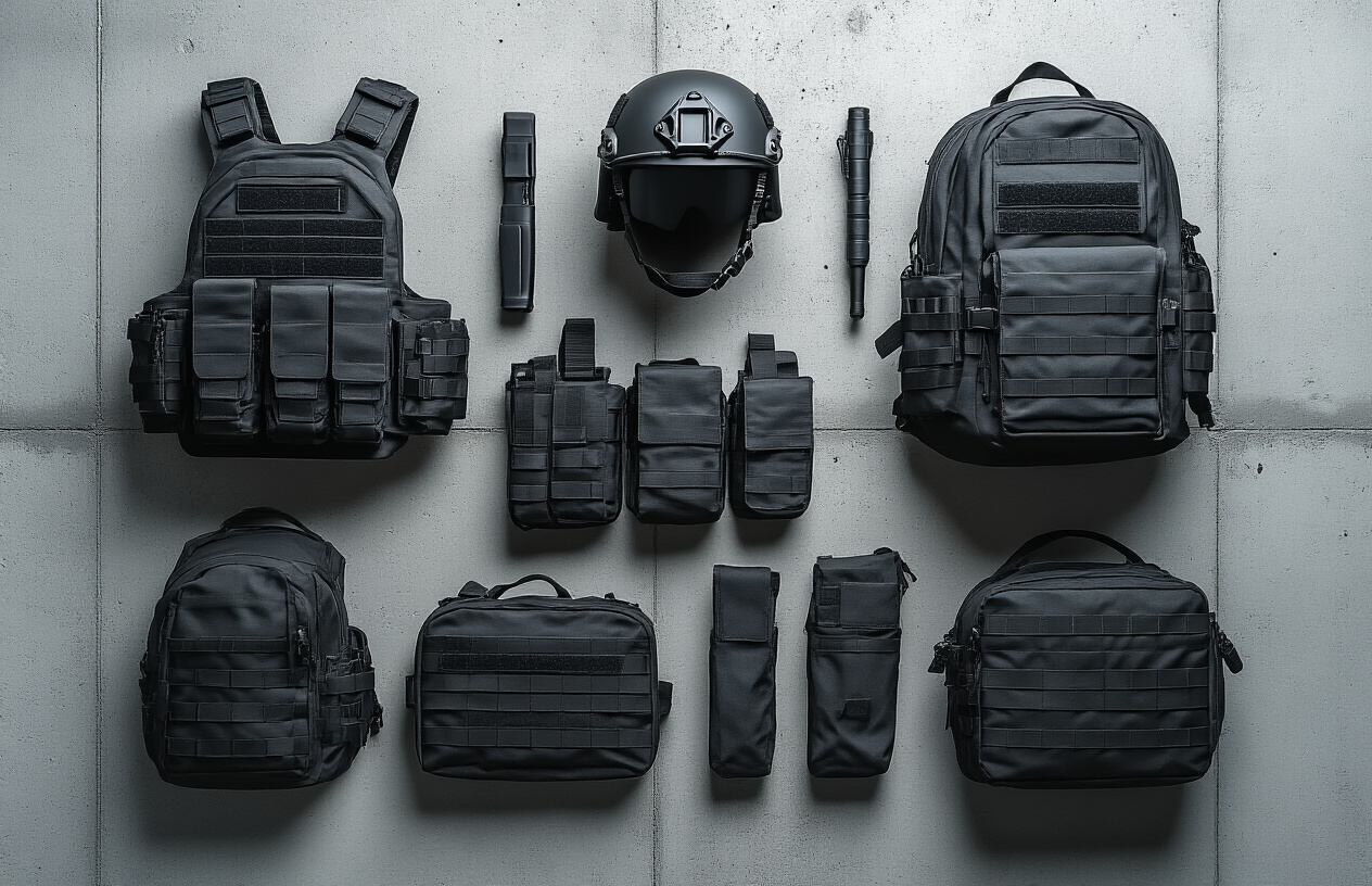 Create a realistic image of tactical gear and equipment in black and gray colors arranged against an urban concrete wall background, featuring items like tactical vests, helmets, backpacks, and utility pouches in matte black and charcoal gray finishes, with dramatic lighting casting shadows to emphasize the camouflage effectiveness in urban environments, shot in a professional product photography style with concrete textures and industrial urban elements visible in the background. Absolutely NO text should be in the scene.