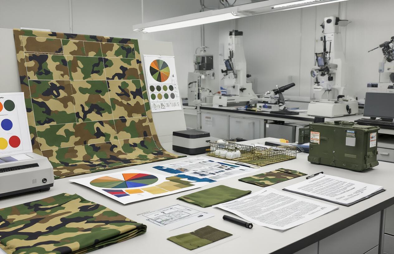 Create a realistic image of a scientific laboratory setting with color theory charts and military camouflage fabric samples spread across a research table, featuring color wheels showing green, brown, and tan military shades, scientific equipment like spectrophotometers and light measurement devices, camouflage pattern swatches in various military colors, color matching guides, and research documents about optical wavelengths, all arranged in a clean modern lab environment with bright white lighting and neutral gray walls, absolutely NO text should be in the scene.