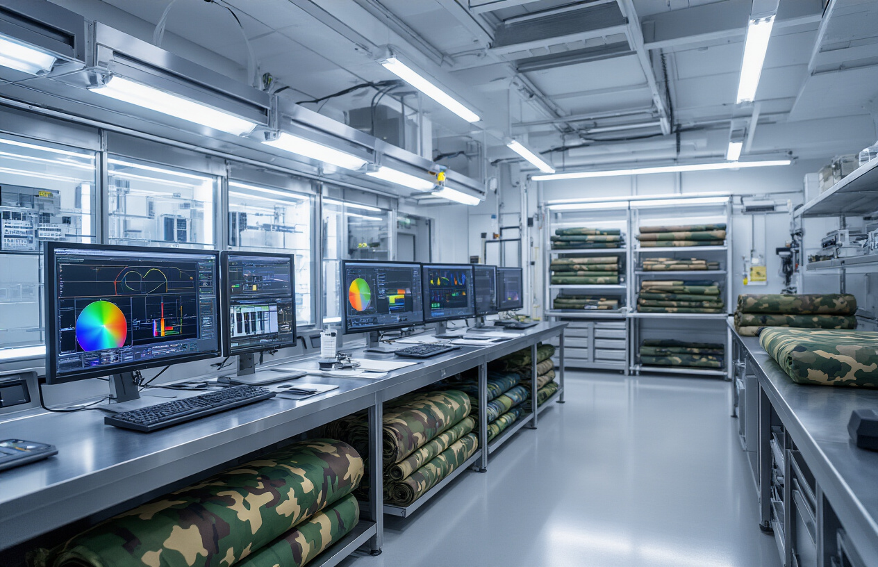 Create a realistic image of a high-tech military research laboratory with advanced color analysis equipment, featuring computer monitors displaying spectral analysis graphs and color wavelength data, scientific instruments for fabric testing, rolls of tactical fabric in various camouflage patterns, test samples of modern military gear in different color variations, LED lighting panels simulating different environmental conditions, and precise measurement tools on clean metallic workbenches, with a sterile modern laboratory atmosphere and bright professional lighting, absolutely NO text should be in the scene.