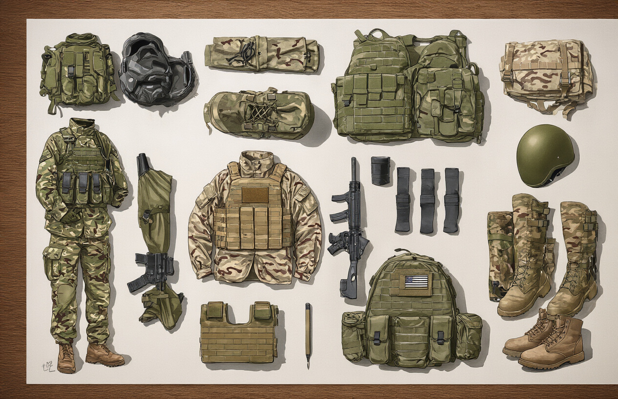 Create a realistic image of various tactical gear items and equipment displayed on a wooden surface, including camouflage uniforms in olive drab, desert tan, and woodland patterns, tactical vests, helmets, and boots, all showcasing different military color schemes, with natural lighting highlighting the textures and colors of the gear, set against a neutral background that emphasizes the scientific purpose behind these color choices, absolutely NO text should be in the scene.