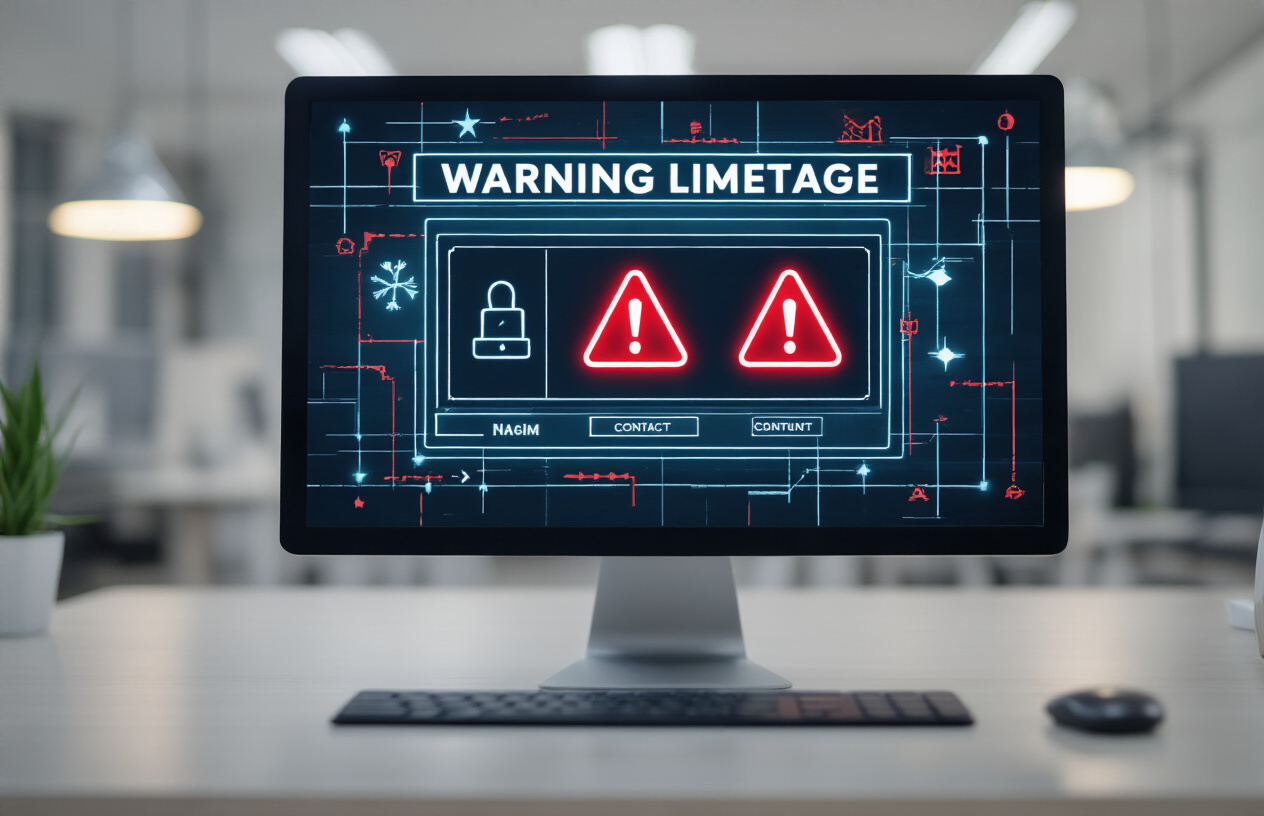Create a realistic image of a modern computer screen displaying a warning message interface with red caution symbols and blocked content icons, surrounded by digital boundary lines and restriction barriers, set against a clean office desk environment with soft ambient lighting, conveying a sense of digital limitations and content filtering, absolutely NO text should be in the scene.