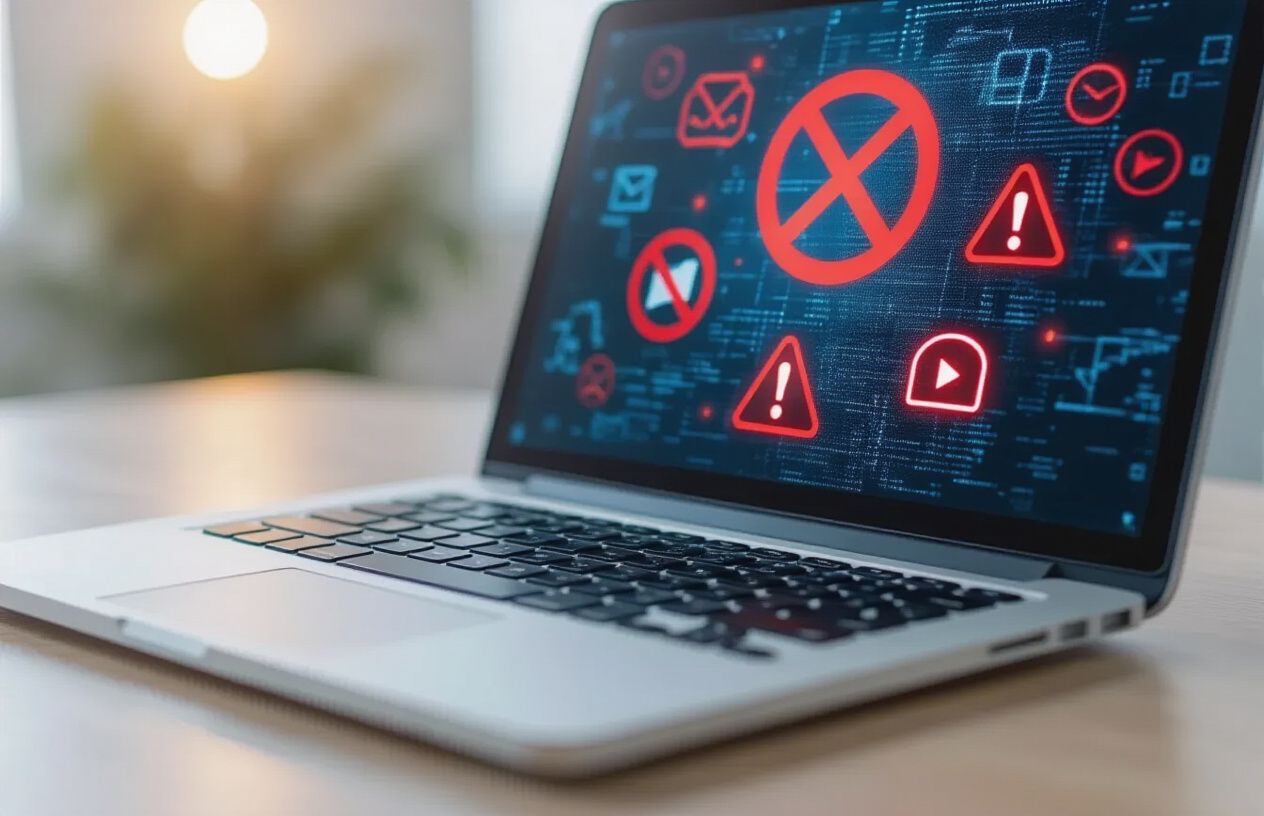 Create a realistic image of a computer screen displaying various warning symbols and restriction icons including red prohibition signs, exclamation marks, and blocked content symbols scattered across a dark digital interface, with a modern laptop keyboard partially visible in the foreground, set against a clean office desk background with soft ambient lighting, absolutely NO text should be in the scene.