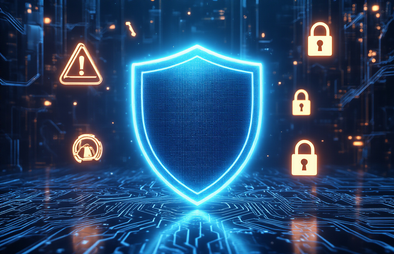 Create a realistic image of a digital shield icon glowing softly in blue light positioned in the center, surrounded by floating warning symbols and lock icons in a dark technological background with circuit board patterns, conveying protection and security measures in digital space, with a professional and trustworthy mood, soft ambient lighting highlighting the shield while keeping the background subtly illuminated, absolutely NO text should be in the scene.