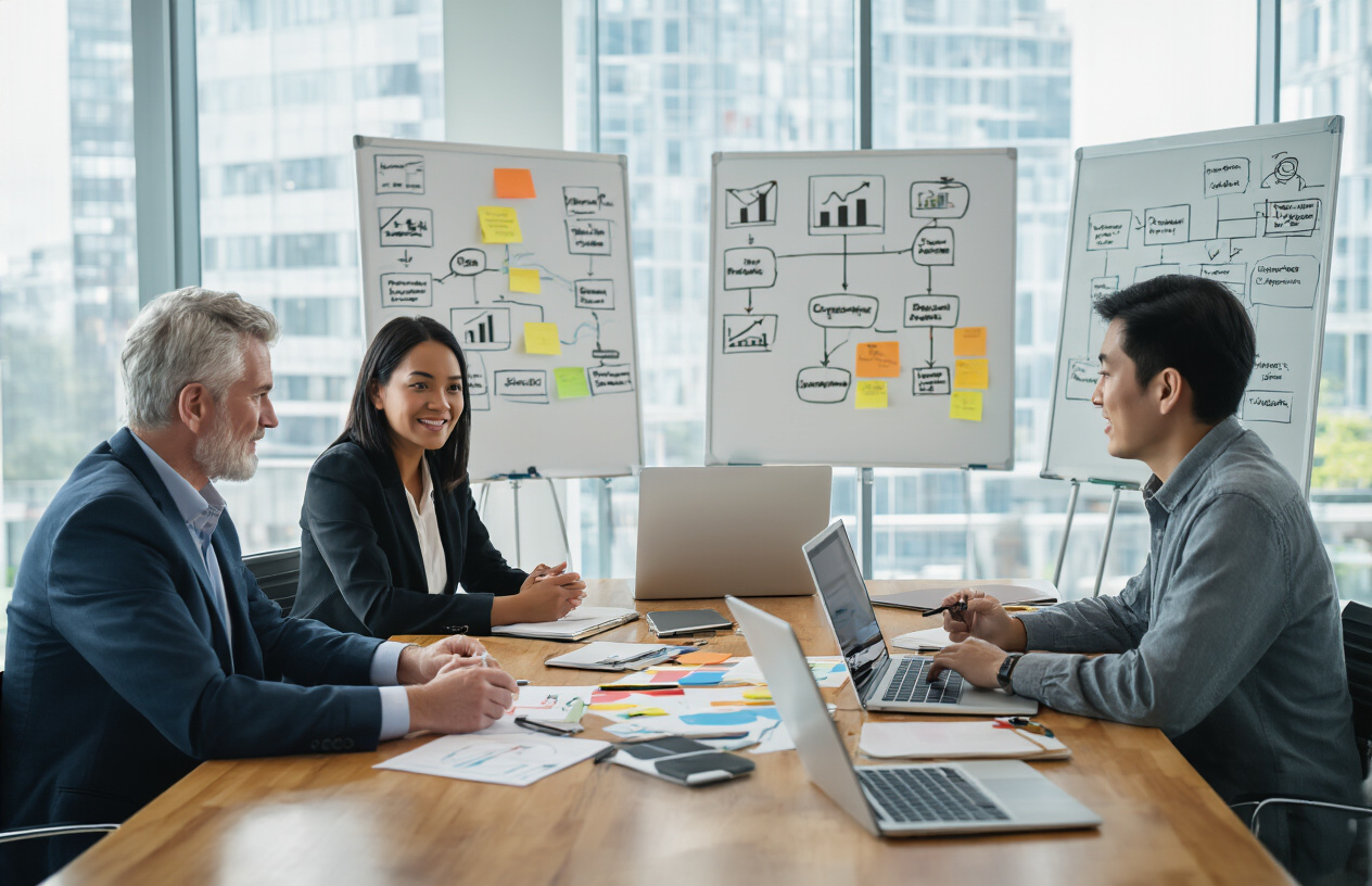 Create a realistic image of a diverse group of professionals sitting around a modern conference table with laptops, notebooks, and brainstorming materials scattered across the surface, including a white male consultant, a black female project manager, and an Asian male analyst, all engaged in collaborative discussion and problem-solving, with whiteboards in the background showing flowcharts and alternative solution pathways, in a bright contemporary office setting with natural lighting from large windows, conveying a mood of creative teamwork and strategic thinking, absolutely NO text should be in the scene.