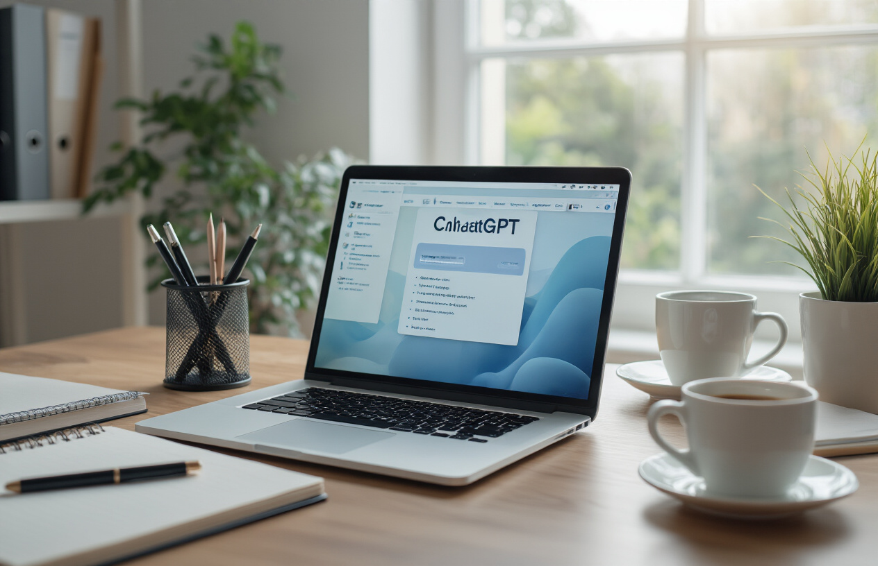 Create a realistic image of a modern workspace showing a laptop computer displaying the ChatGPT interface with proper usage guidelines visible on screen, surrounded by organized desk items like notebooks, pens, and a coffee cup, with a clean minimalist office background featuring soft natural lighting from a window, conveying a professional and productive atmosphere of responsible AI tool usage, absolutely NO text should be in the scene.