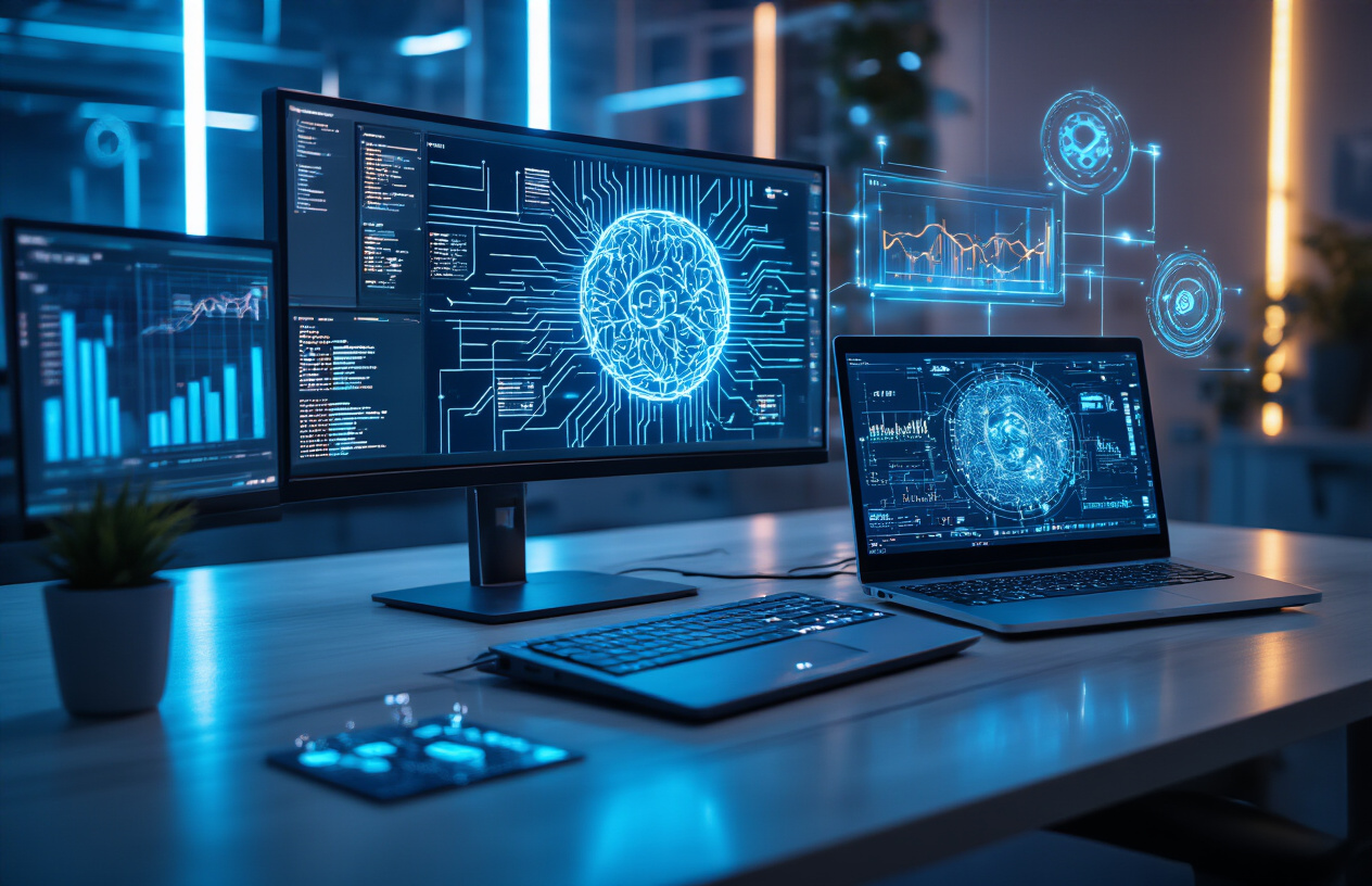 Create a realistic image of a modern computer workstation with multiple monitors displaying AI detection software interfaces, circuit board patterns, and data analysis graphs, featuring a sleek laptop with glowing neural network visualizations on the screen, surrounded by futuristic holographic elements representing machine learning algorithms, set against a clean tech office background with soft blue lighting, absolutely NO text should be in the scene.