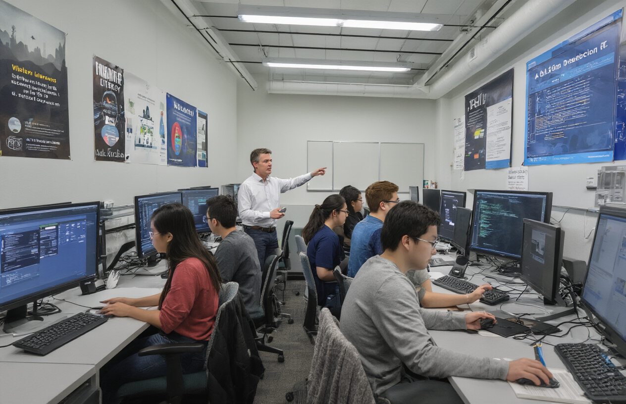 Create a realistic image of a modern university computer lab with multiple desktop computers on desks, a white male professor in his 40s standing behind students pointing at a computer screen displaying AI detection software interface, diverse group of college students (including a black female, white male, and Asian female) sitting at workstations looking at their screens, academic posters about digital literacy on walls, fluorescent lighting creating a bright educational atmosphere, clean organized classroom environment. Absolutely NO text should be in the scene.