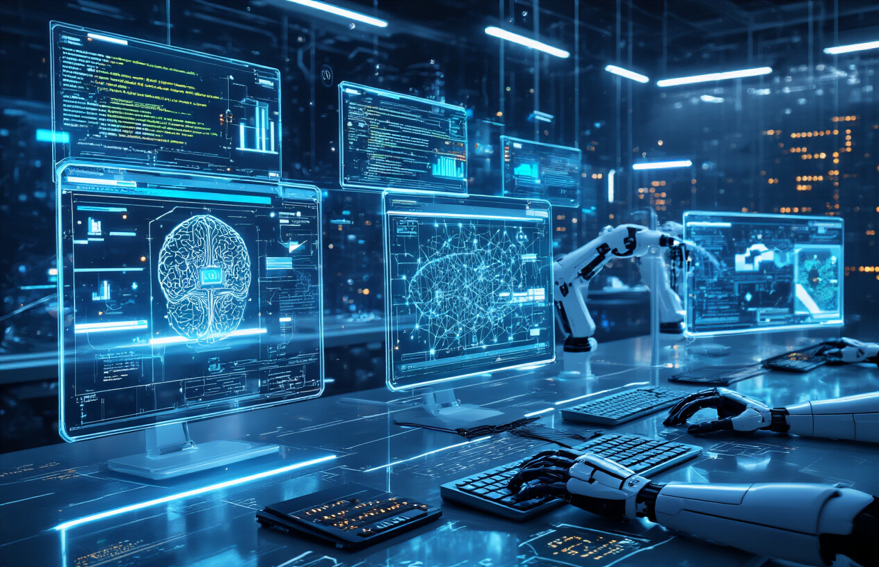 Create a realistic image of a futuristic digital workspace showing advanced AI technology evolution, featuring floating holographic screens displaying code and neural network patterns, robotic arms typing on multiple keyboards, glowing circuit boards and processors in the background, cool blue and white lighting creating a high-tech atmosphere, conveying innovation and technological advancement, absolutely NO text should be in the scene.