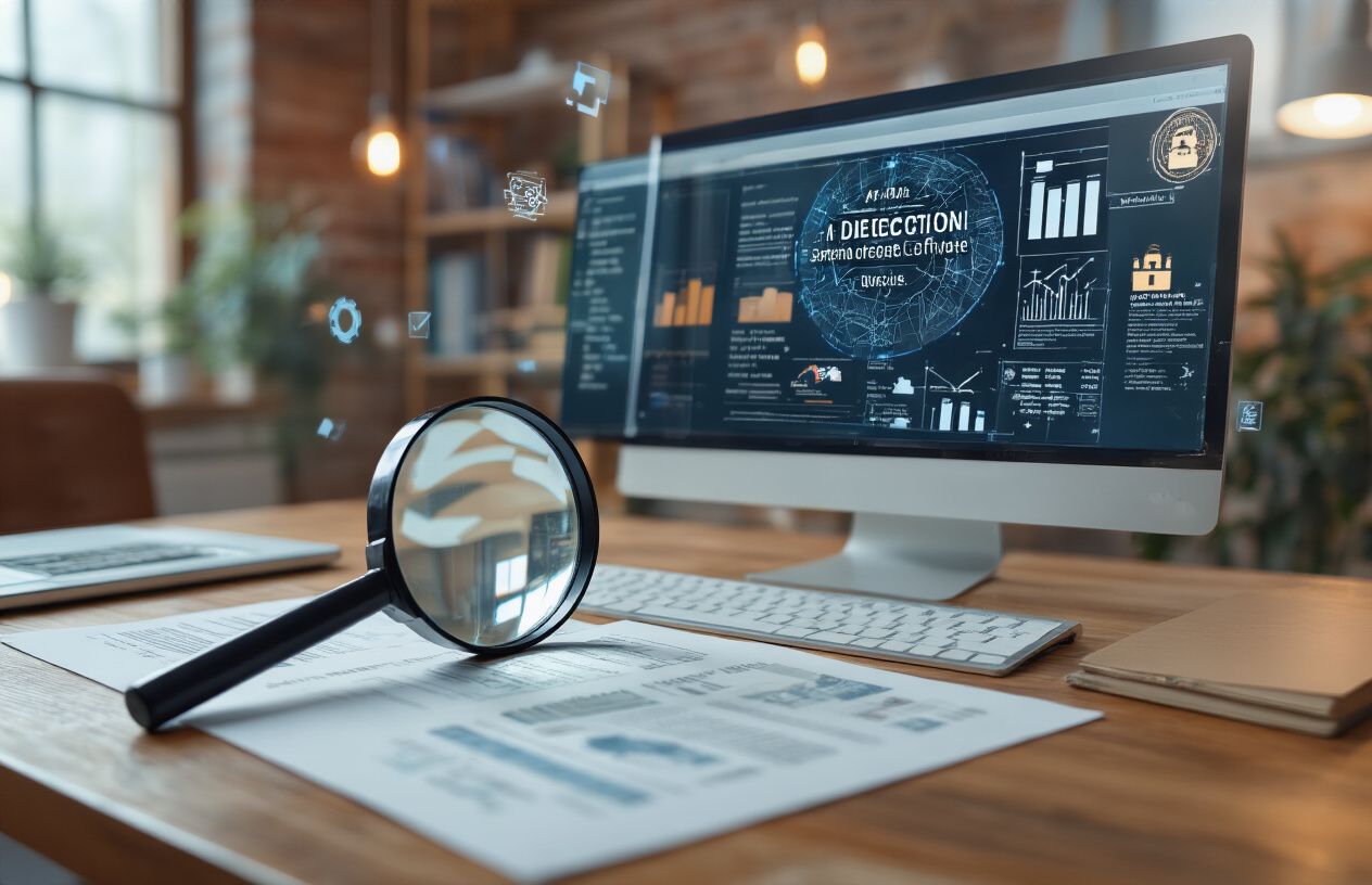 Create a realistic image of a modern digital workspace showing a computer screen displaying AI detection software interface with scanning results, a magnifying glass positioned over academic papers and documents on a wooden desk, subtle digital security icons floating in the background, warm office lighting creating a professional atmosphere of academic integrity monitoring, with a clean organized environment suggesting resolution and clarity. Absolutely NO text should be in the scene.