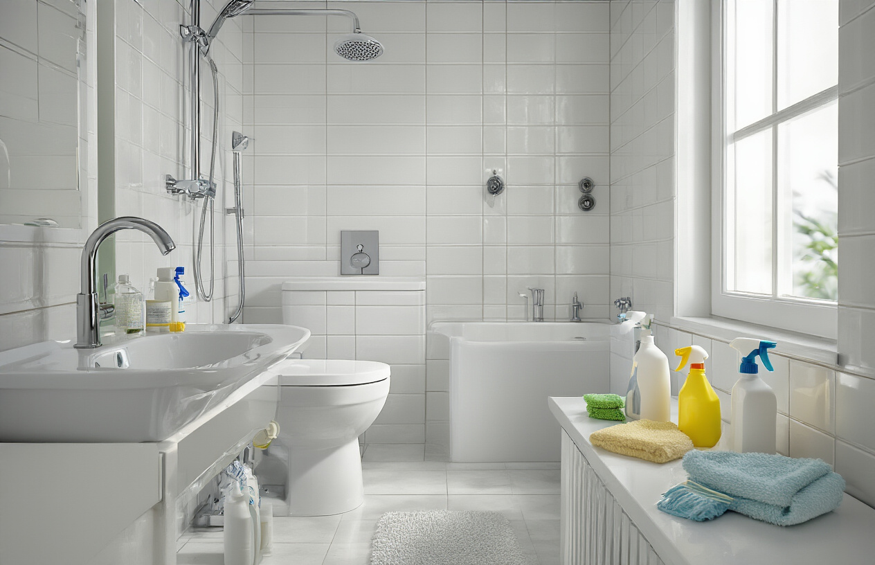 Create a realistic image of a clean, well-organized bathroom showing various sanitary fixtures including a modern toilet, sink with faucet, and shower head, with cleaning supplies like spray bottles, microfiber cloths, and maintenance tools arranged nearby on a clean counter, featuring good natural lighting from a window, demonstrating proper maintenance and care of bathroom fixtures, with pristine white tiles and chrome fixtures that appear well-maintained and sparkling clean, absolutely NO text should be in the scene.