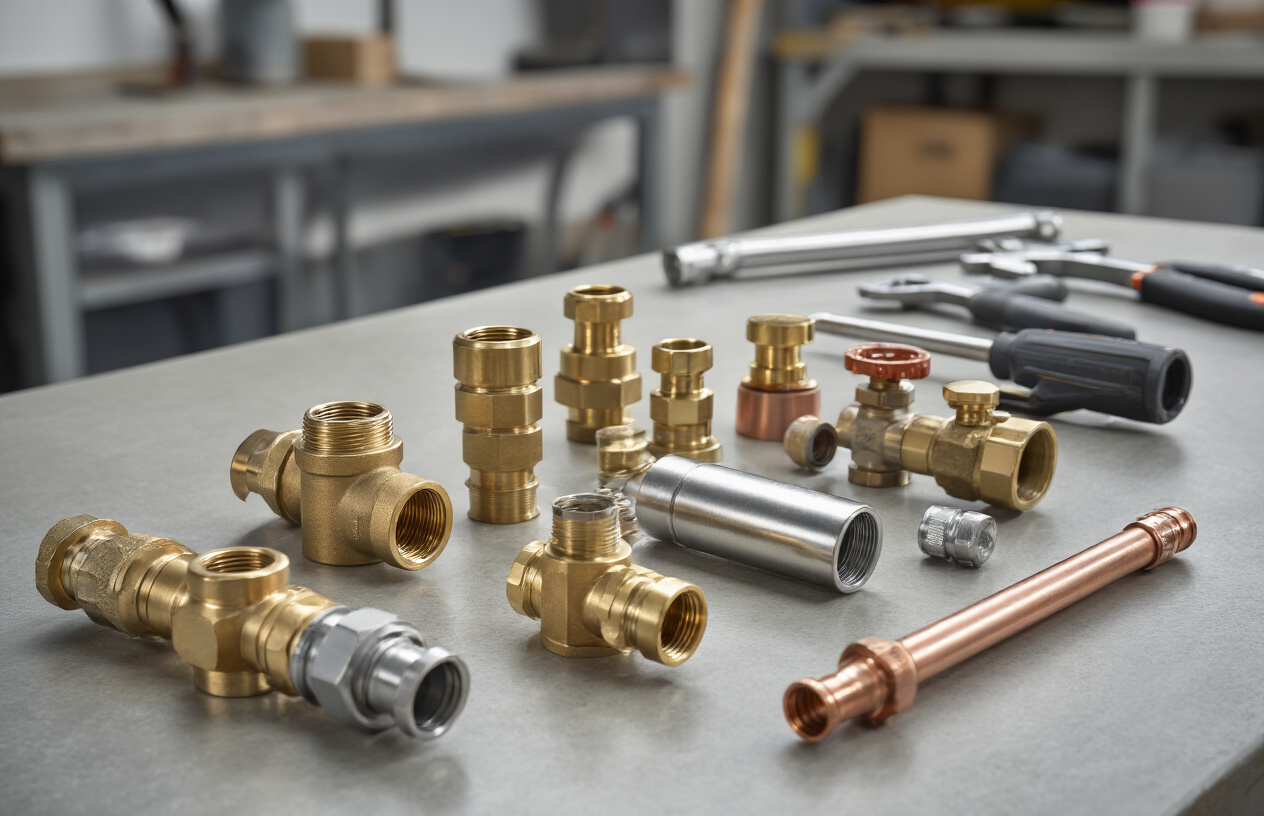 Create a realistic image of high-quality plumbing hardware components including brass fittings, stainless steel pipes, copper joints, valve assemblies, and pipe connectors arranged on a clean workshop table, with professional plumbing tools nearby, bright workshop lighting illuminating the metallic surfaces showing their durability and craftsmanship, clean industrial background with subtle shadows, absolutely NO text should be in the scene.