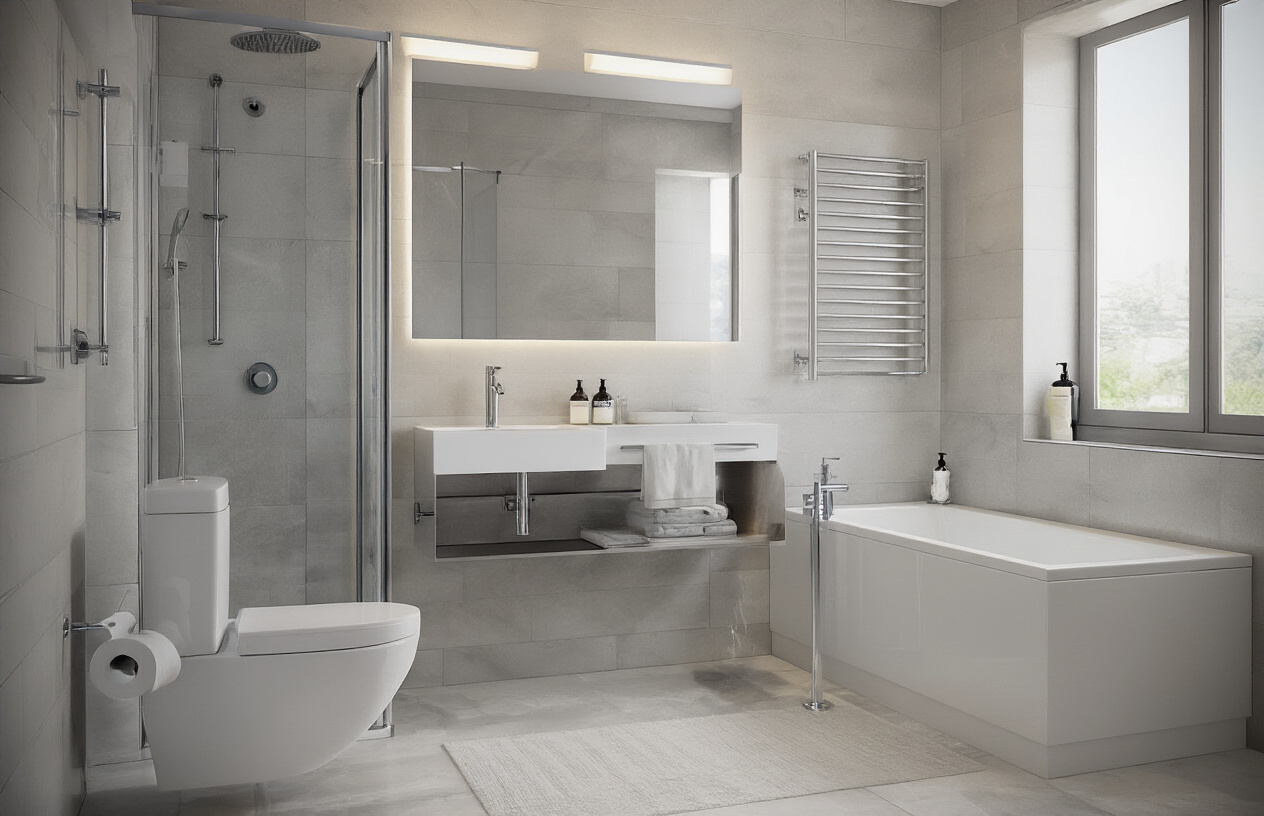 Create a realistic image of a modern bathroom interior showcasing various types of sanitary fixtures and hardware including a sleek white toilet, contemporary wall-mounted sink with chrome faucet, glass shower enclosure with rainfall showerhead, chrome towel bars and toilet paper holder, modern bathroom mirror, and stylish floor tiles, with clean bright lighting and minimalist design aesthetic, absolutely NO text should be in the scene.