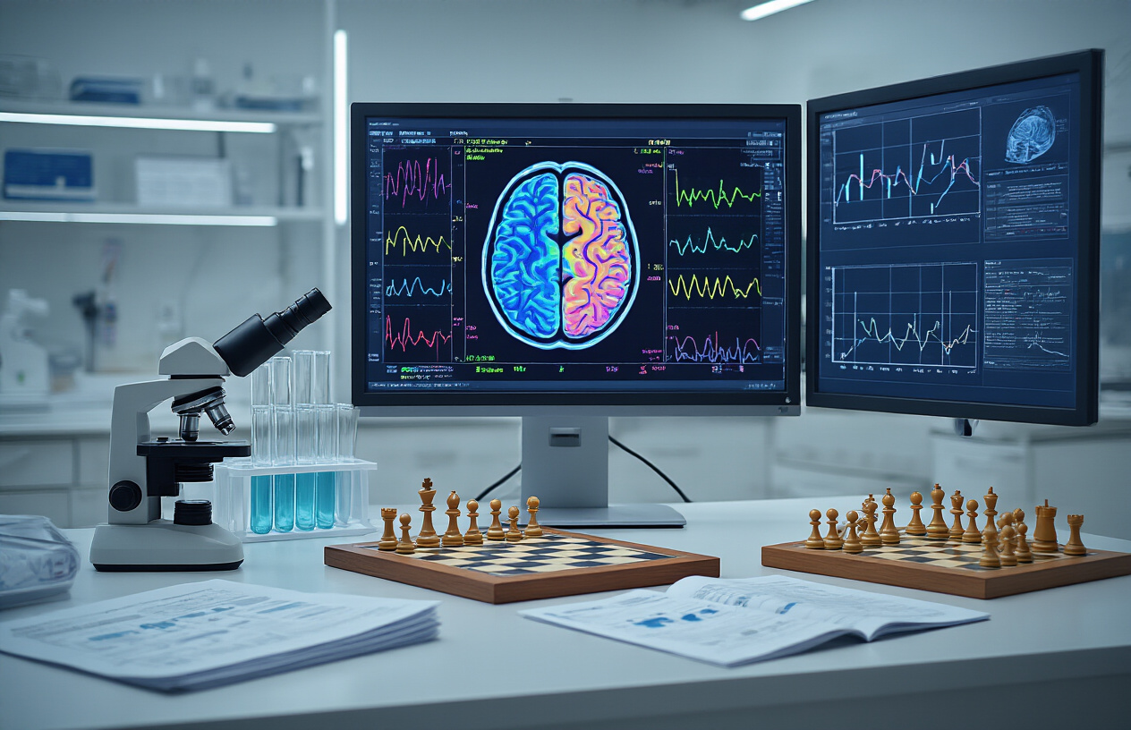 Create a realistic image of a modern neuroscience laboratory with a brain scan monitor displaying colorful neural activity patterns, scientific research papers scattered on a desk next to a chess board with pieces mid-game, a microscope, test tubes in a rack, and data charts showing cognitive improvement graphs on the wall, professional medical equipment in soft fluorescent lighting with a clean white and blue color scheme, absolutely NO text should be in the scene.